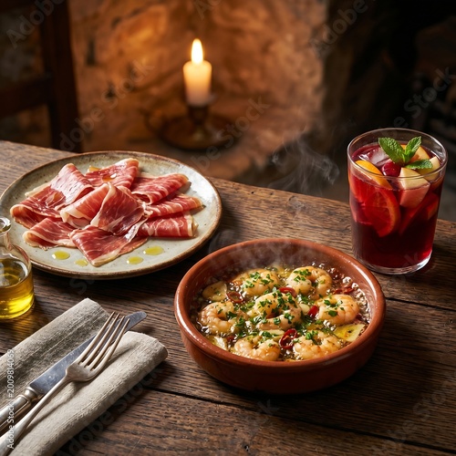 Spanish Tapas Night: Jamon Iberico, Gambas al Ajillo, and Red Sangria with Fruit