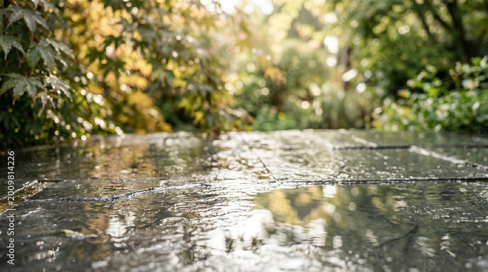 Fototapeta premium Elegant Organic Product Mockup Base on Wet Surface with Blurred Leaves and Natural Light