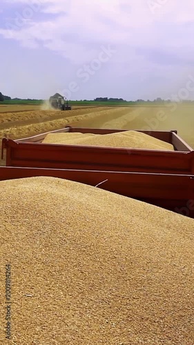 Panning Shot from Tractor Trailer Loaded with Wheat Seeds while Combines Harvest in the Distance.  Sunlight highlights the textures of grain and field, creating a warm and picturesque scene of harvest