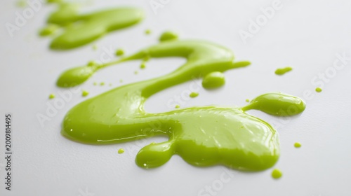 High-key white background with bright green sauce and soft shadow