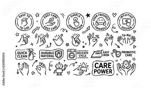 Obraz na plátne Detailed fabric care and textile handling doodle icon set, including easy-to-use, quick clean, and durable material symbols