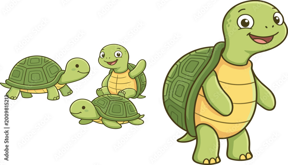 Fototapeta premium Cute Cartoon Turtle Character Set With Happy Smiling Tortoise In Multiple Poses For Kids Design