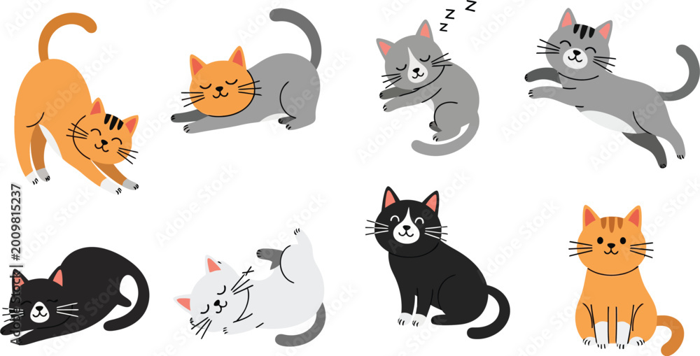 Obraz premium Seven cartoon cats in various poses and colors on white background