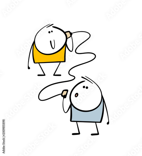 Two children made a toy phone with their own hands out of threads and boxes. Vector illustration of creative inventors, new technologies in the game. Funny cartoon boys playing and listening.