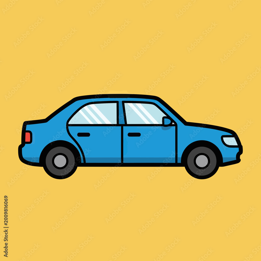 Obraz premium Flat Vector Illustration of a Blue Sedan Car Side Profile Isolated on Yellow Background