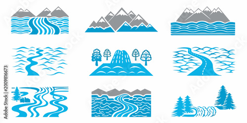 Schilderij op canvas Stylized river and mountain icons collection blue and gray color scheme on white