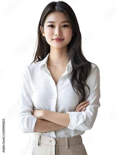 A confident young Asian woman in a white shirt and beige pants standing with arms crossed