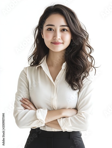 A confident young Asian woman in a white shirt and black pants standing with arms crossed