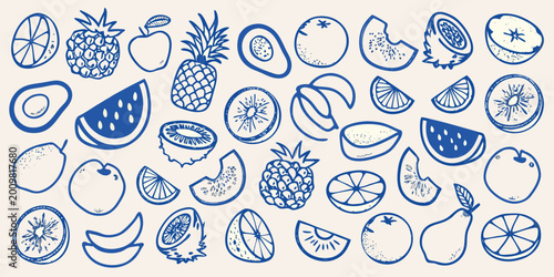 Foto Collection of hand drawn blue line art fruits including pineapple avocado waterm