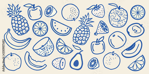 Bild auf Leinwand Collection of hand drawn fruit including pineapples bananas apples and citrus on