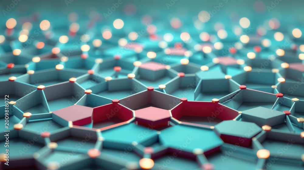 Fototapeta premium Hexagonal grid structure. Blue, teal, pink hues dominate. Network connections visible, depth of field effect present. Futuristic design.