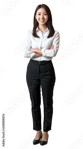 A smiling Asian businesswoman standing confidently with her arms crossed in a white shirt and black pants