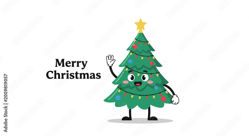 Naklejka premium Friendly Christmas tree character with a smiling face and colorful light decorations waving its hand on a white background.
