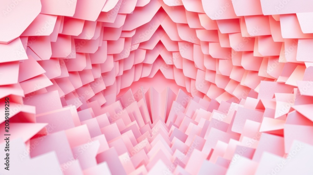 Fototapeta premium Abstract pink paper layers create tunnel illusion. Geometric shapes form depth, texture, soft lighting. Minimalist design, modern aesthetic.