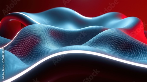 Abstract waves, blue hues dominate. Red background provides contrast. Light lines accentuate flowing forms, creating dynamic visual effect.