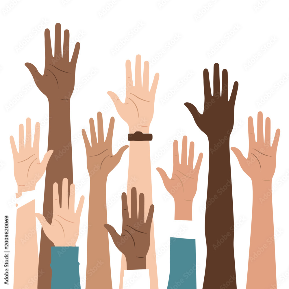 Obraz premium Diverse hands raised up, volunteering, voting, asking questions, participation, community, unity
