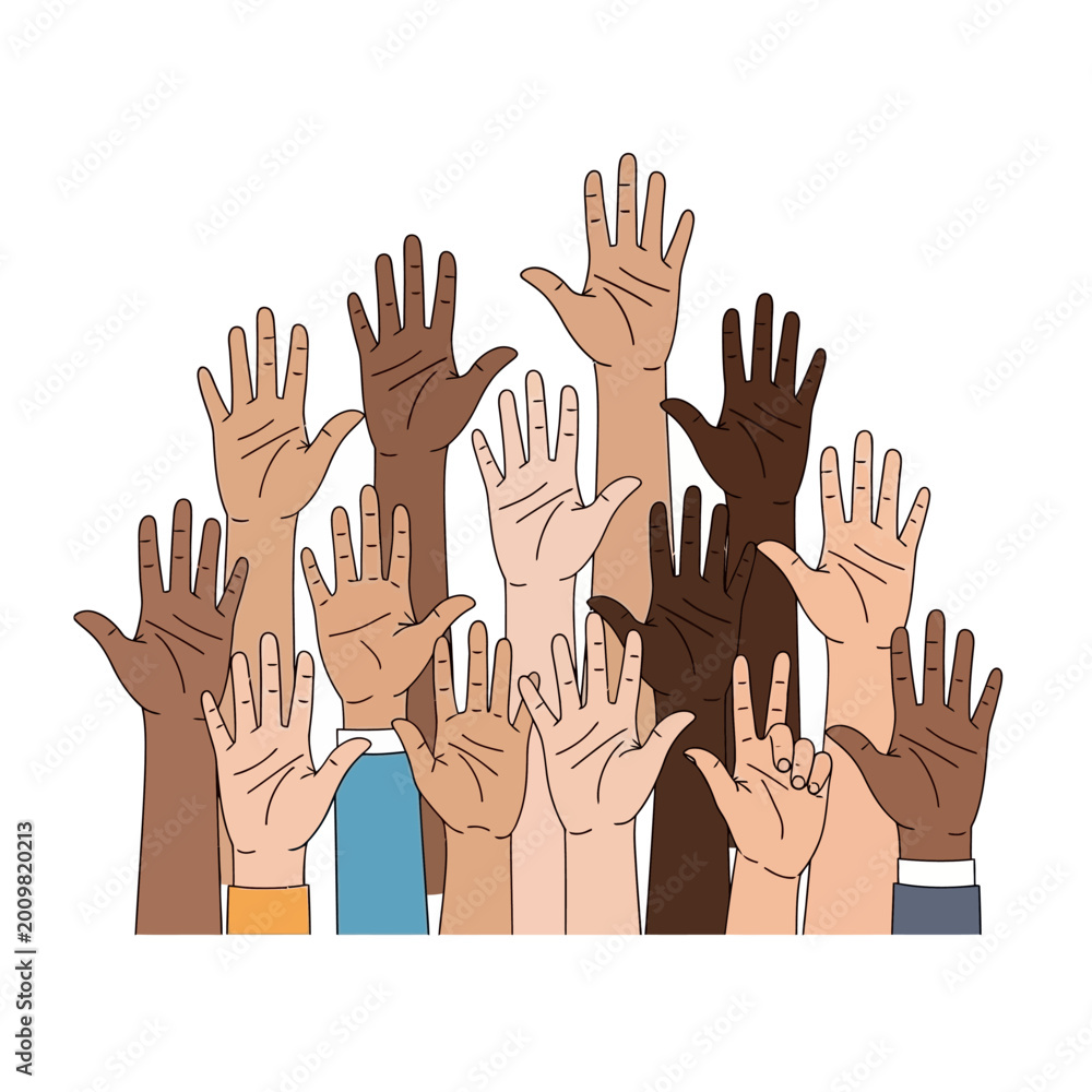Fototapeta premium Diverse Hands Raised Upwards - Unity, Diversity, Voting, Participation