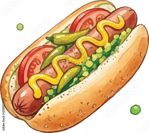 Watercolor Classic Hot Dog Illustration - Sausage in Bun with Toppings Clipart