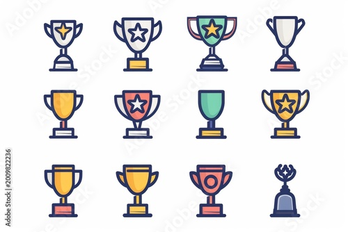 Trophy cups, golden goblet, silver reward, champion bowls. Contest winner award collection, prize cup