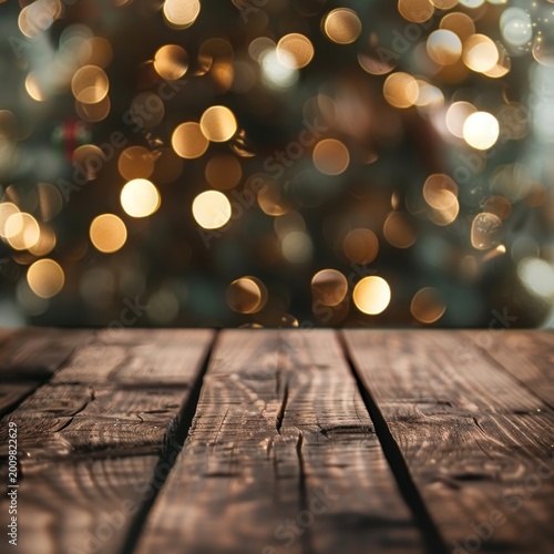 Wood Table on Blurred Christmas Tree Background, Festive Mockup, Dark Wood Table Top, Generative AI Illustration