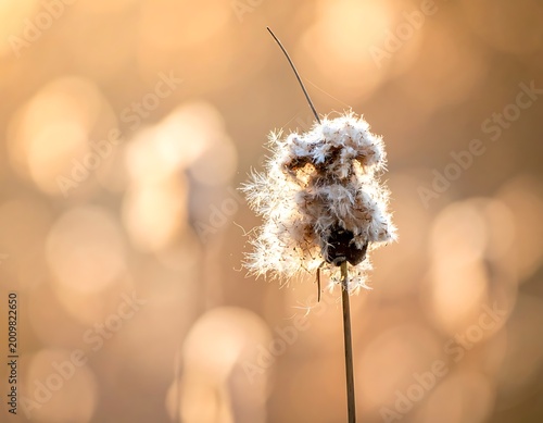 Dandelion seed head in warm light.