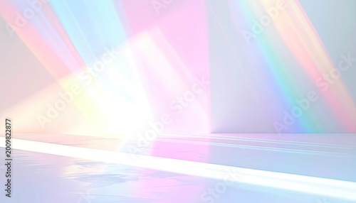 A minimalist interior space is bathed in vibrant, ethereal rainbow light, creating a captivating interplay of color and reflection on the smooth, white surfaces.