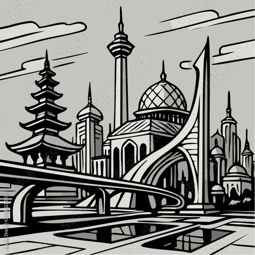 Futuristic cityscape with mosque, pagoda, and modern architecture, black and white illustration, stylized, urban landscape with religious buildings, bridge, and curved structures.