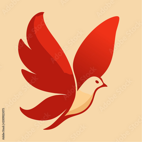 Stylized red and beige dove in mid-flight, minimalist graphic design, symbolizing peace and freedom, against a soft peach background, conveying serenity and hope.