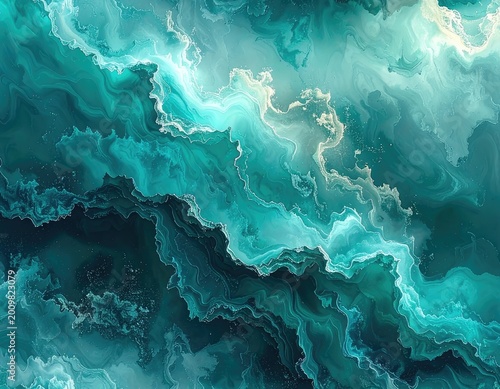 A mesmerizing abstract artwork showcases swirling patterns of teal, turquoise, and deep blue hues, evoking a sense of fluid motion and organic forms.