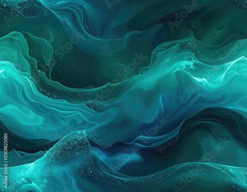 A mesmerizing abstract artwork showcases swirling patterns of teal and turquoise hues, evoking a sense of fluid motion and ethereal beauty.