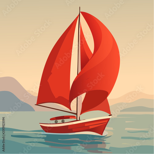 Vibrant red sailboat gliding across serene turquoise waters, set against majestic mountainous landscape at sunset, rendered in modern minimalist graphic art style.