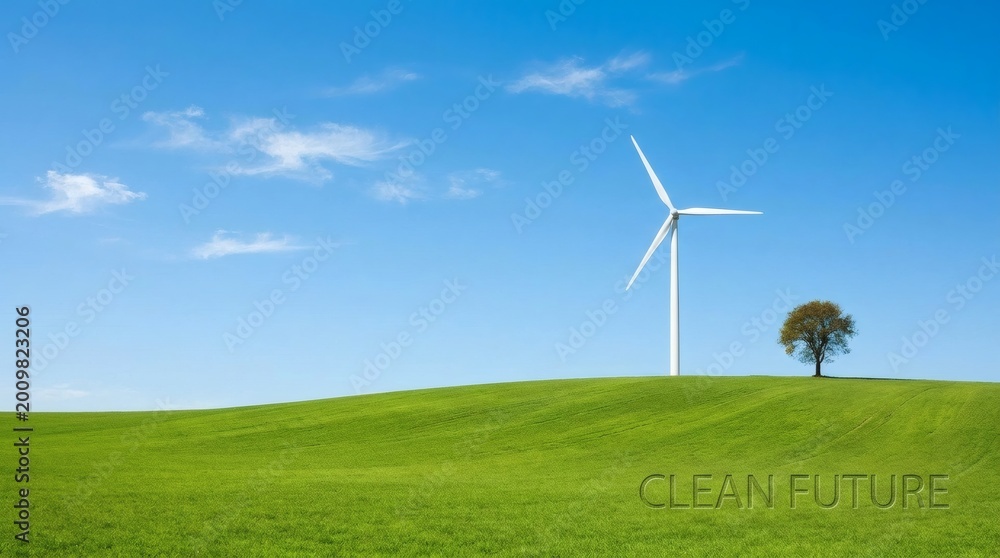 Obraz premium A sustainable wind turbine generator stands tall in a lush green grass field under a clear blue sky, harnessing renewable nature energy for a clean industrial power landscape