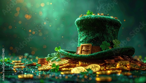 A whimsical St. Patrick's Day scene features a vibrant green top hat overflowing with shamrocks and nestled amongst a glittering pile of gold coins, evoking a sense of luck and festive cheer.