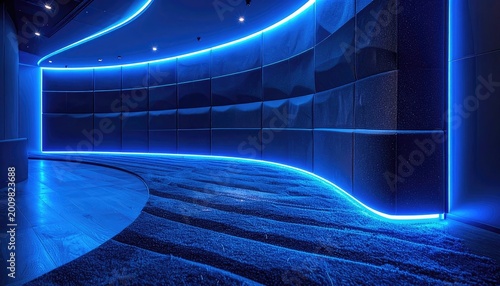 A modern interior space is dramatically lit with cool blue neon lighting, creating a futuristic and immersive atmosphere.