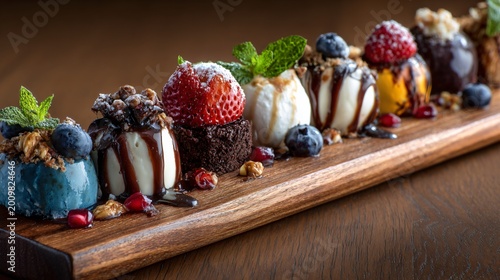 Dessert arranged diagonally on a long narrow wooden board, emphasizing direction and flow
