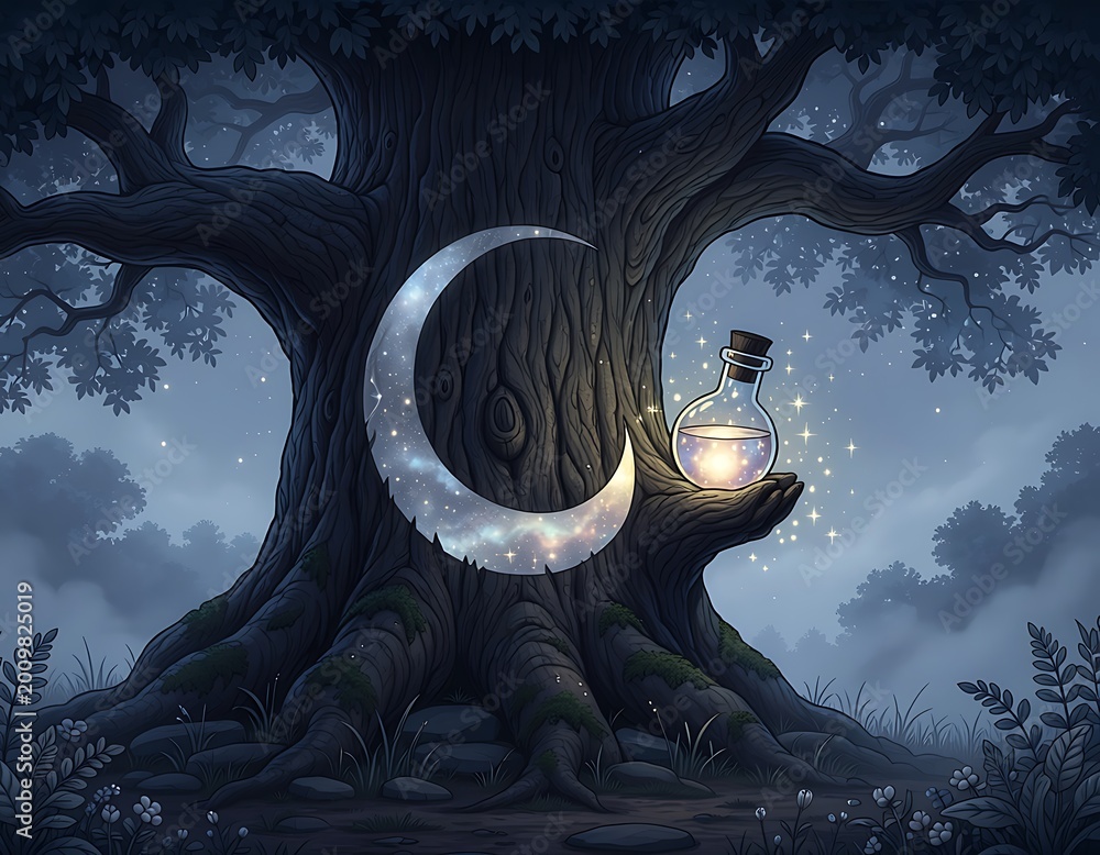 Fototapeta premium Enchanted glowing moon and magic potion bottle in dark mystical forest.