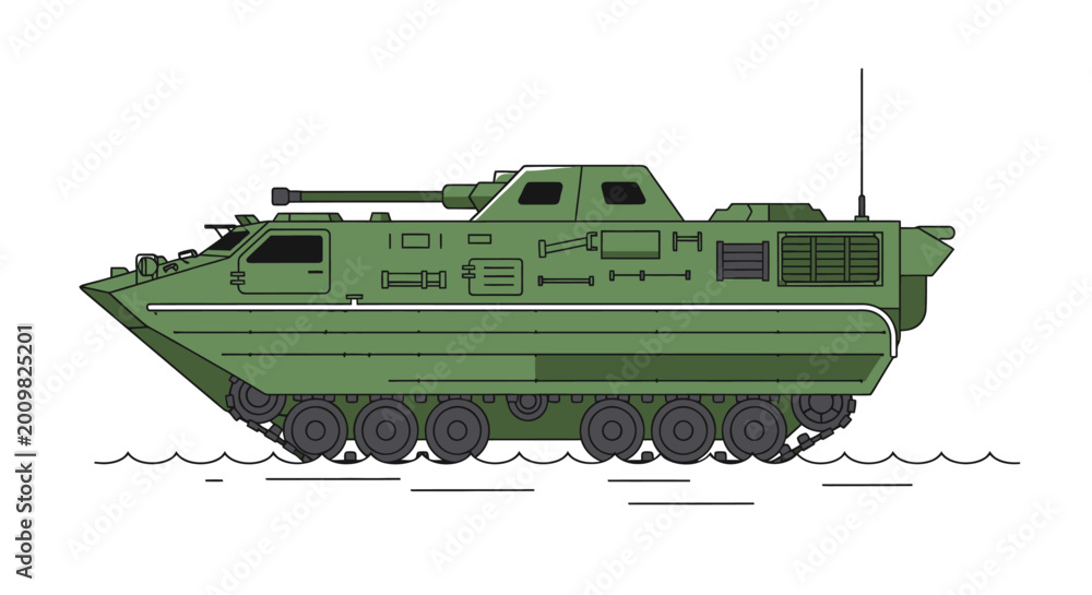 Obraz premium Green amphibious armored personnel carrier vehicle illustration.