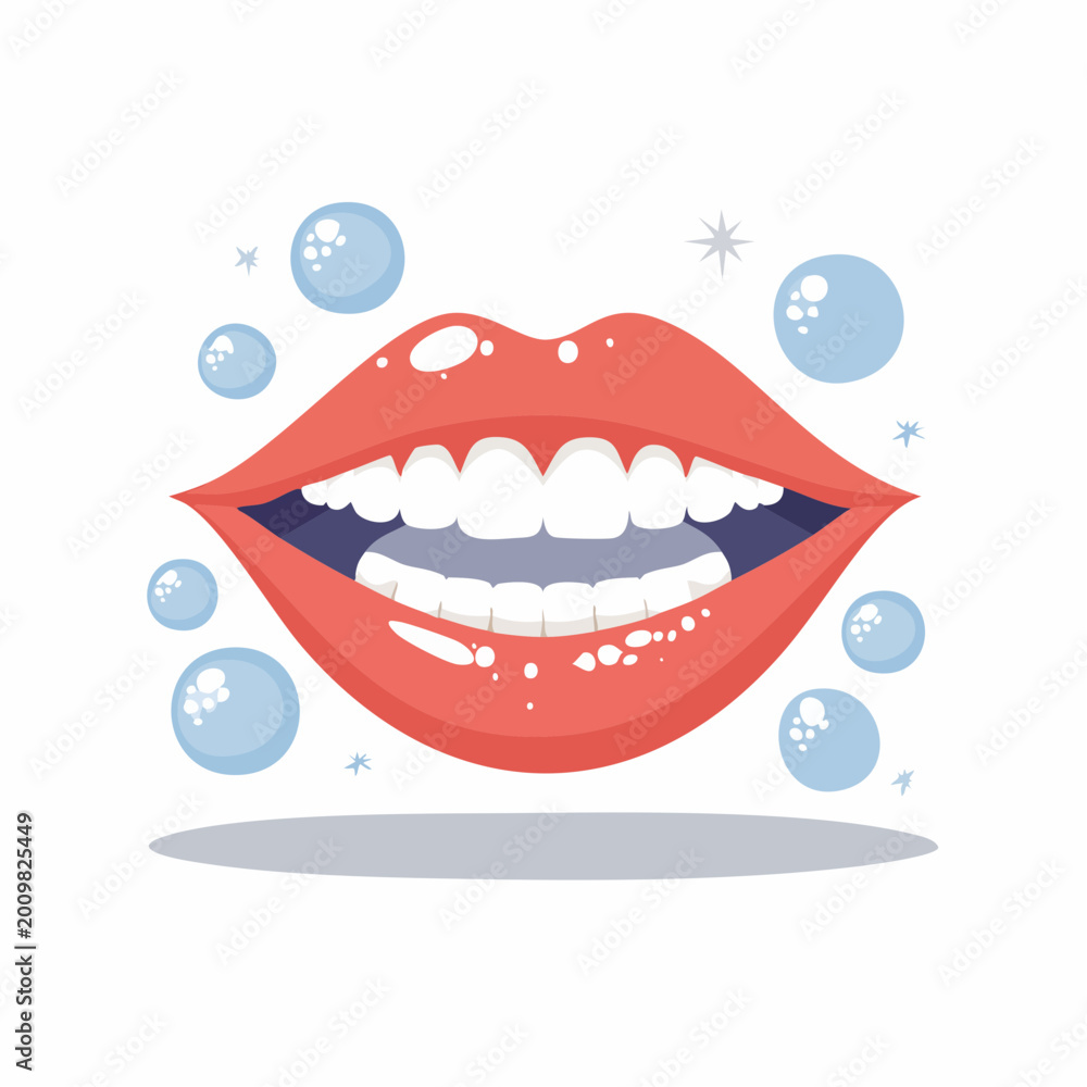 Obraz premium Healthy White Teeth and Red Lips with Bubbles