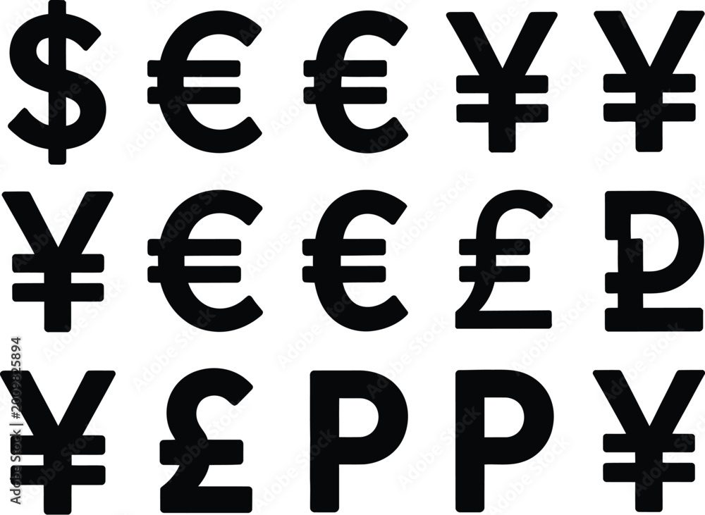 Obraz premium Currency icon set, minimalist dollar and euro icons featuring clear financial symbols for banking UI apps finance presentations and modern money design.