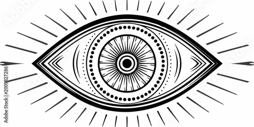 Foto Stylized eye illustration with radiating lines black and white graphic design hi