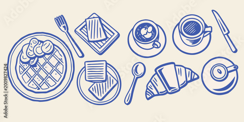 Breakfast food illustration with waffle croissant coffee and toast in blue line art style