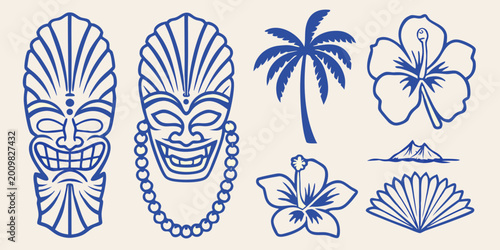 Polynesian tiki masks hibiscus flowers palm tree and mountain silhouettes in blue line art