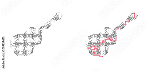 Guitar shaped maze with solution. Black and white flat vector labyrinth, creative logic puzzle game for kids and adults.