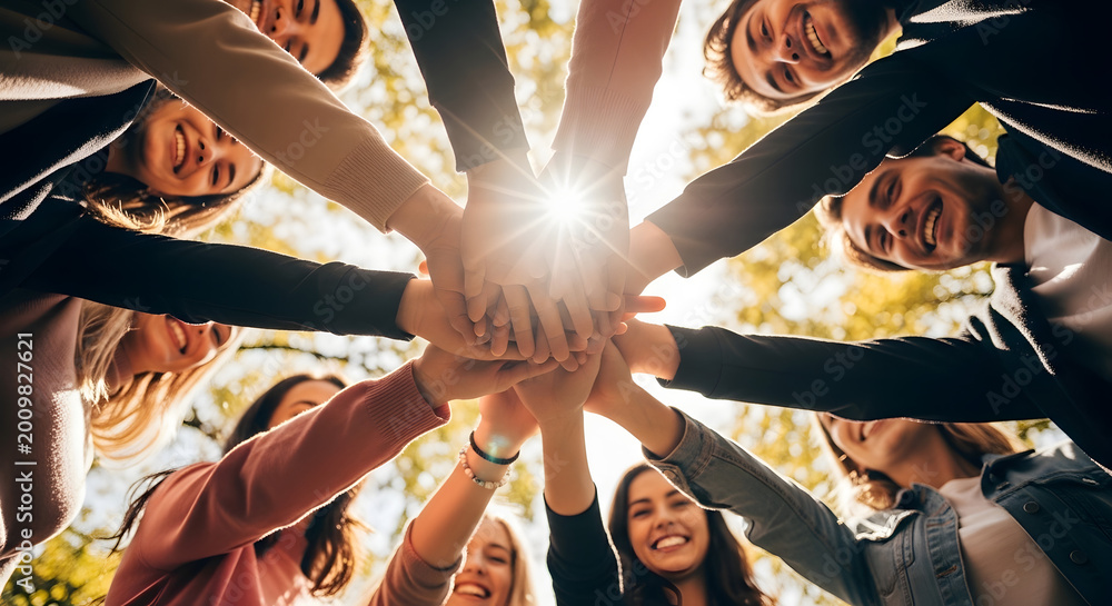 Obraz premium A diverse group of smiling people with their hands clasped together in a circle, symbolizing unity and teamwork.