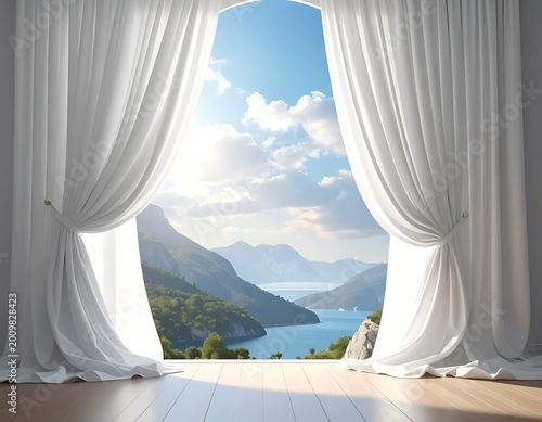 Serene mountain lake view through curtains.
