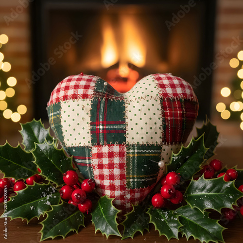 A close up of a patchwork heart with holly leaves and berries