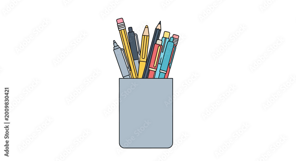 Fototapeta premium Colorful Pencils and Pens in Holder - Creative Tools for Drawing and Writing