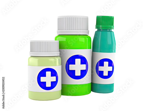 Three Medical Bottles with Blue Cross Symbol