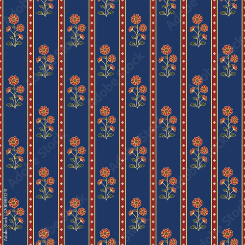 Seamless red Indian floral pattern with dark blue striped background. Repeat blossom design. Traditional flower motif wallpaper.