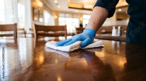 Close-up of a gloved hand cleaning a wooden table in a restaurant dining area, emphasizing hygiene